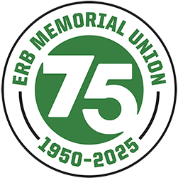 Circle graphic with the words Erb Memorial Union 75 1950-2025.